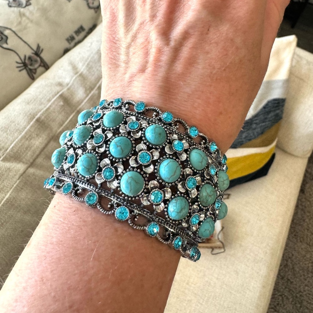 Turquoise Blue Gem Wide Cuff Ornate Bracelet
